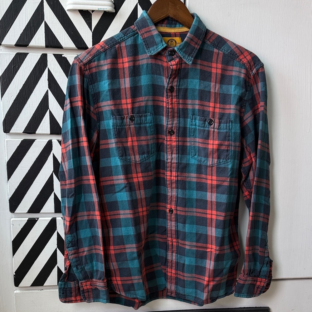 Men's Casual Plaid Shirt - Teal and Coral